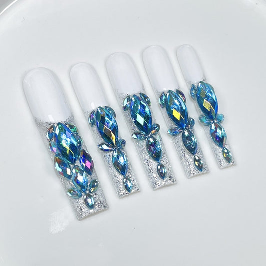 White Long Square nails with French Design,Blue Rhinestone,Shiny Glitter,RJ