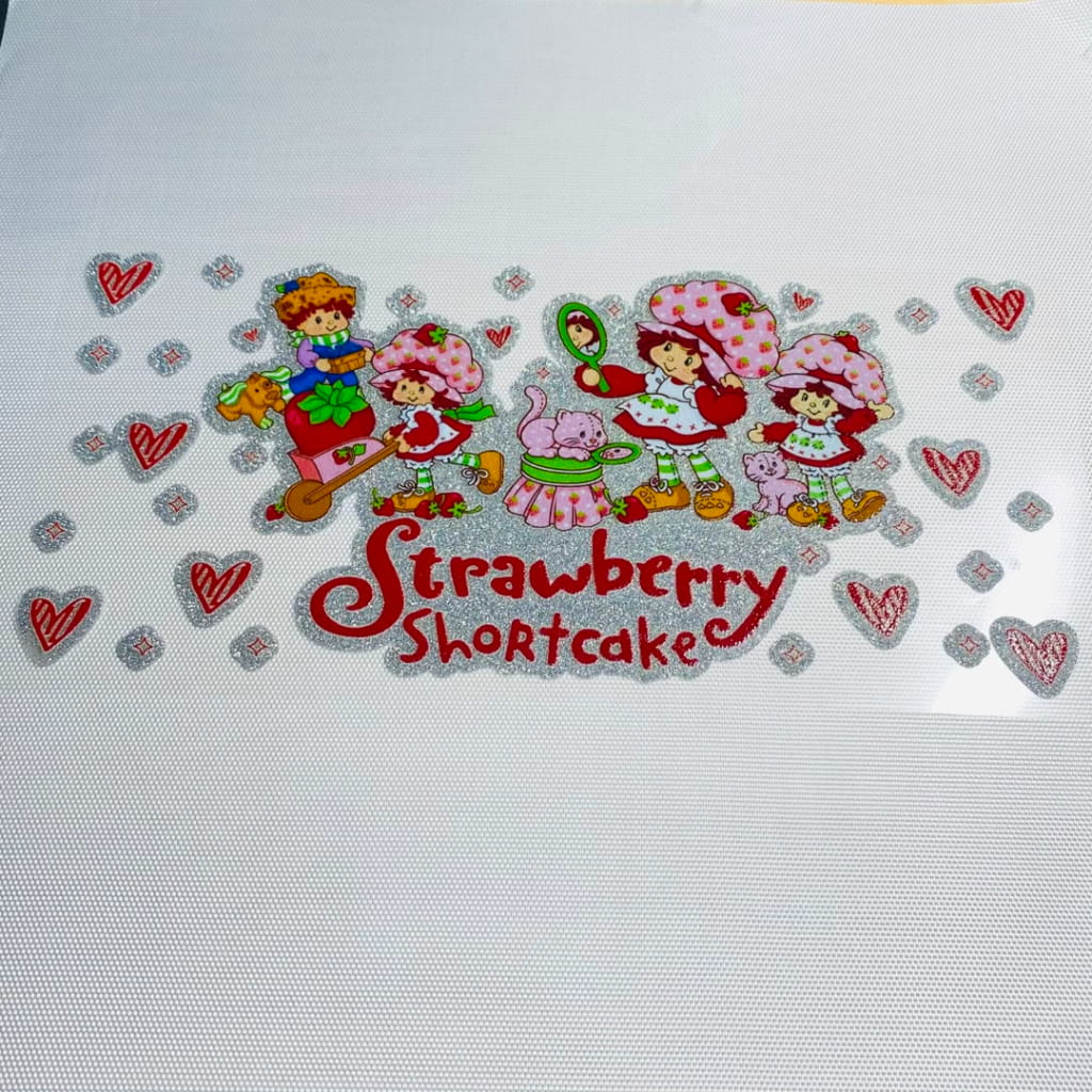 16oz UVDTF Shiny Glitter Cup Wraps, Water Proof ,Cartoon ,Strawberry Shortcake