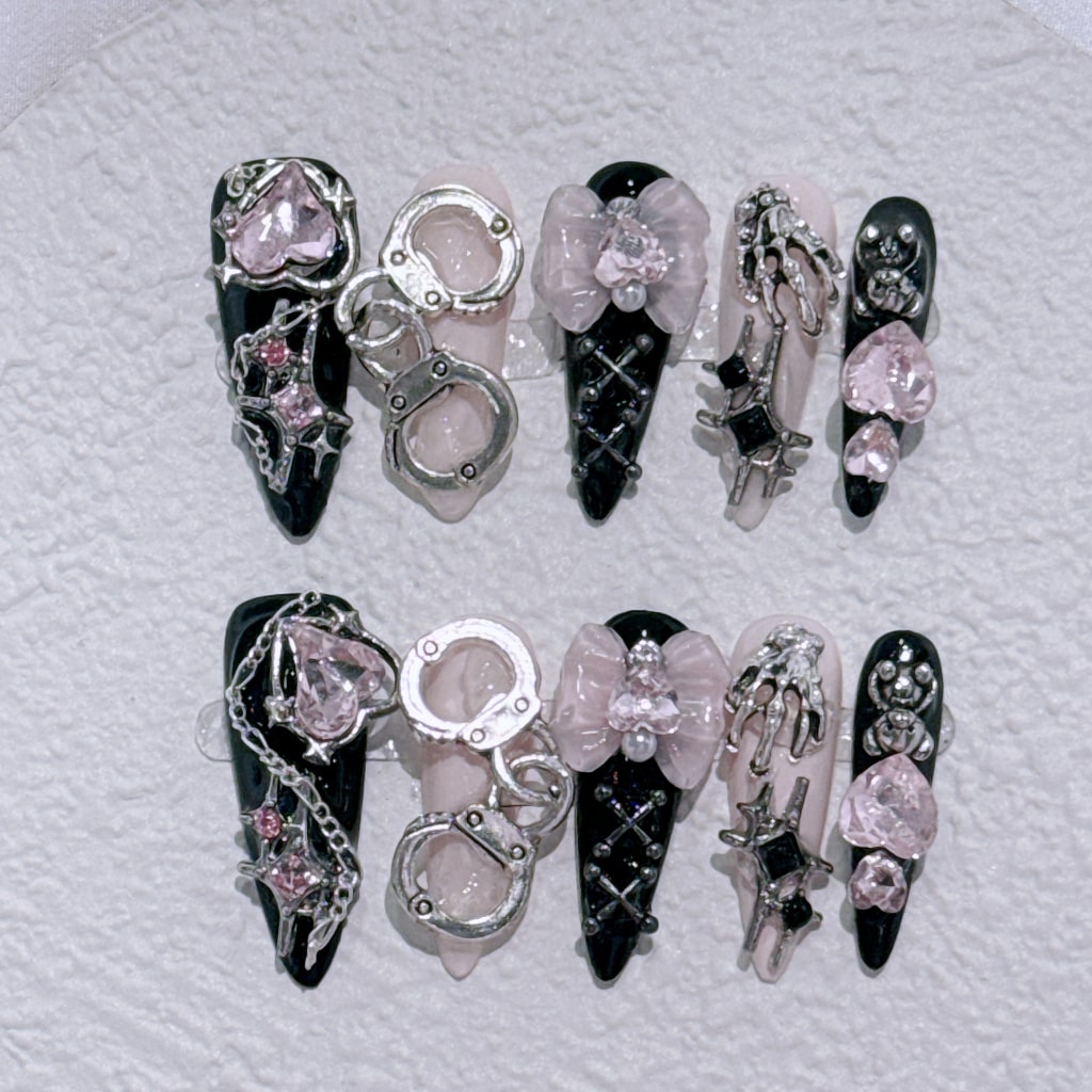 Y2K Black-pink nails with Heart & Handcuffs & Bow & Bear & Star & Skeleton Hands Charms , Long Chain ,NK