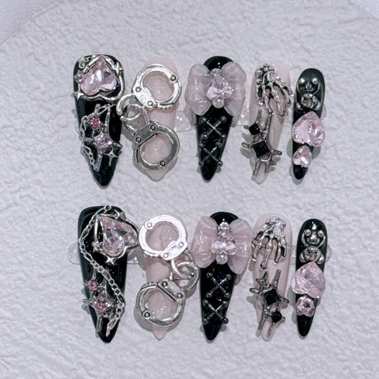 Y2K Black-pink nails with Heart & Handcuffs & Bow & Bear & Star & Skeleton Hands Charms , Long Chain ,NK