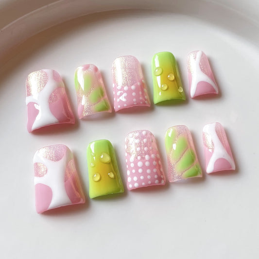 Pink & White & Green Duck nails with Spring & French Style,RJ