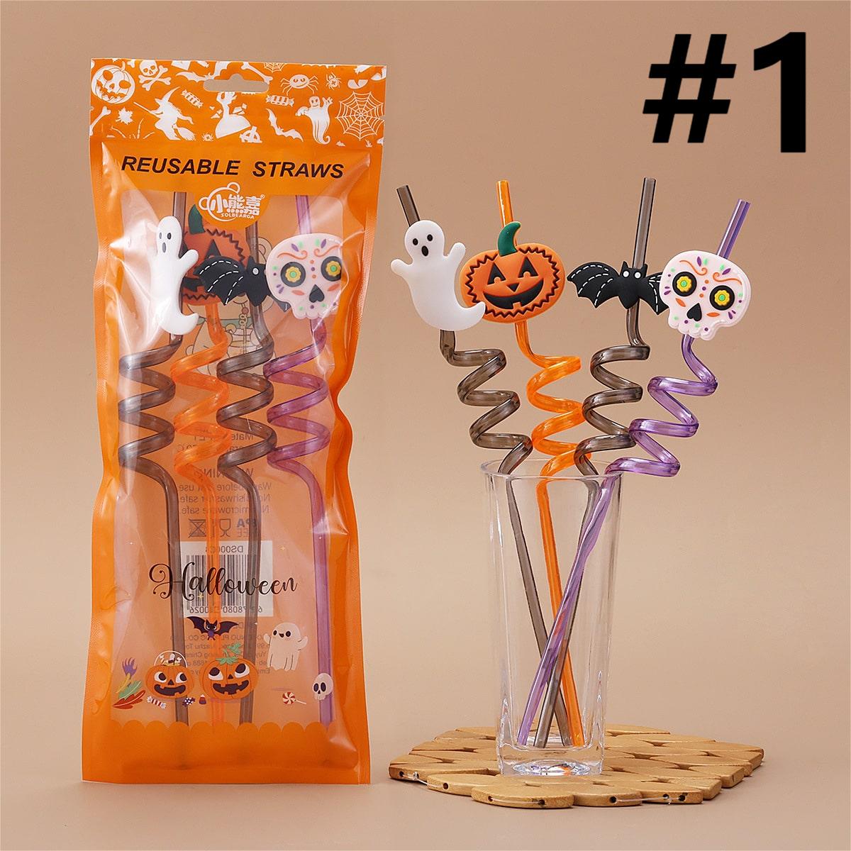 Cartoon Halloween Reusable Spiral Straw, Random Mix,1 bag 4pcs