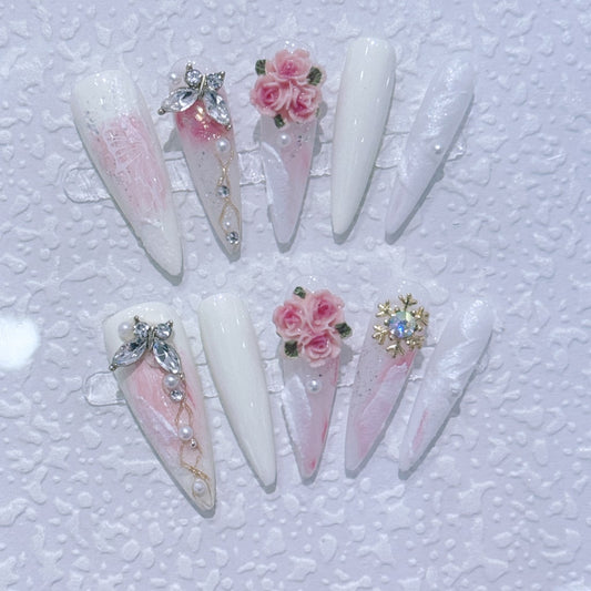 Pink and white nails with Snow Accessories ,Butterfly Rhinestone,Pink Rose Flower ,Pearl ,NK