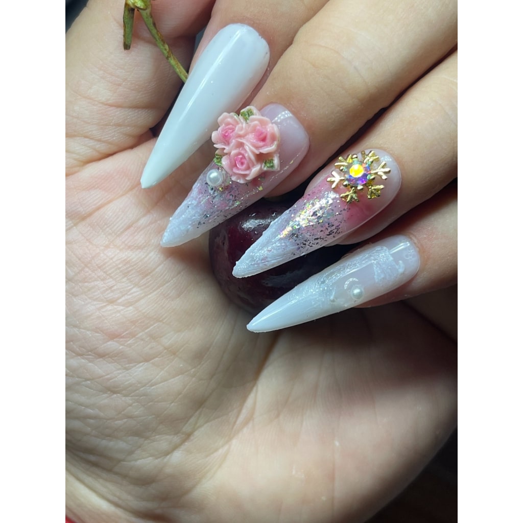 Pink and white nails with Snow Accessories ,Butterfly Rhinestone,Pink Rose Flower ,Pearl ,NK