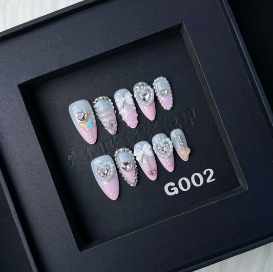 Pink nails with Gradient Design,Pearl Heart & Butterfly Rhinestone,Glitter,Bow,CY