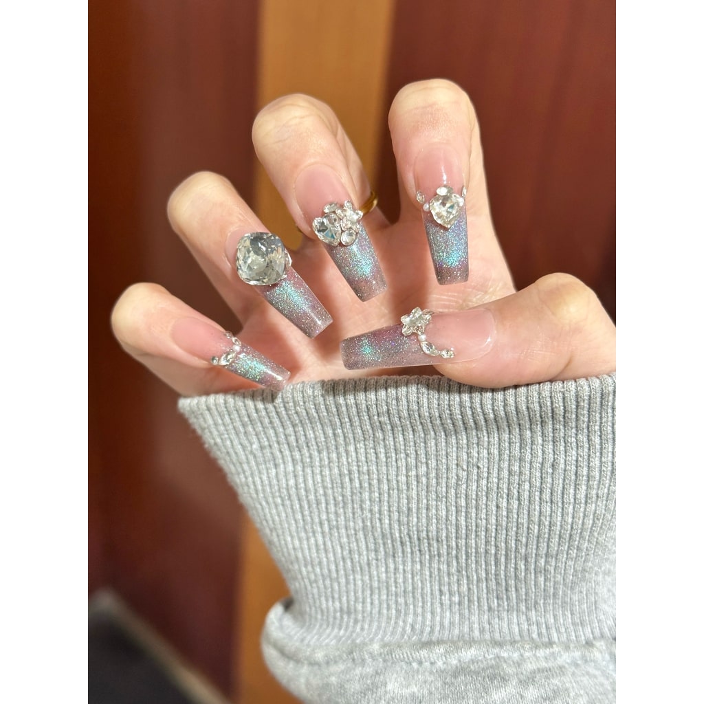 Blue shiny Cat Eye nails with Rhinestone & Pearl ,YZG