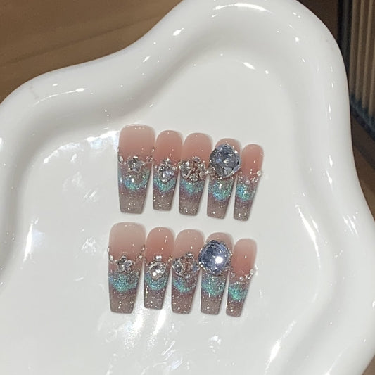 Blue shiny Cat Eye nails with Rhinestone & Pearl ,YZG