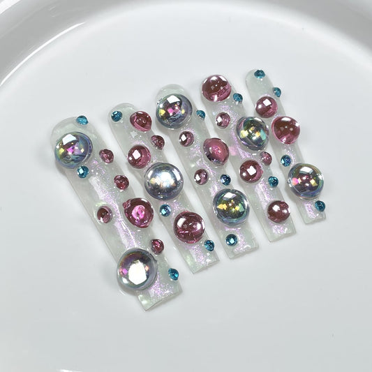 Pearl Color Long Square nails with Colorful Rhinestone,RJ