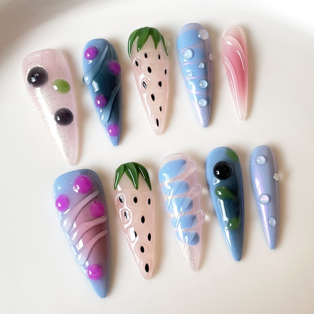 3D Strawberry nails with Gradient Design,RJ