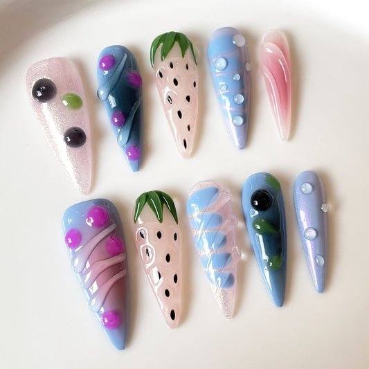 3D Strawberry nails with Gradient Design,RJ