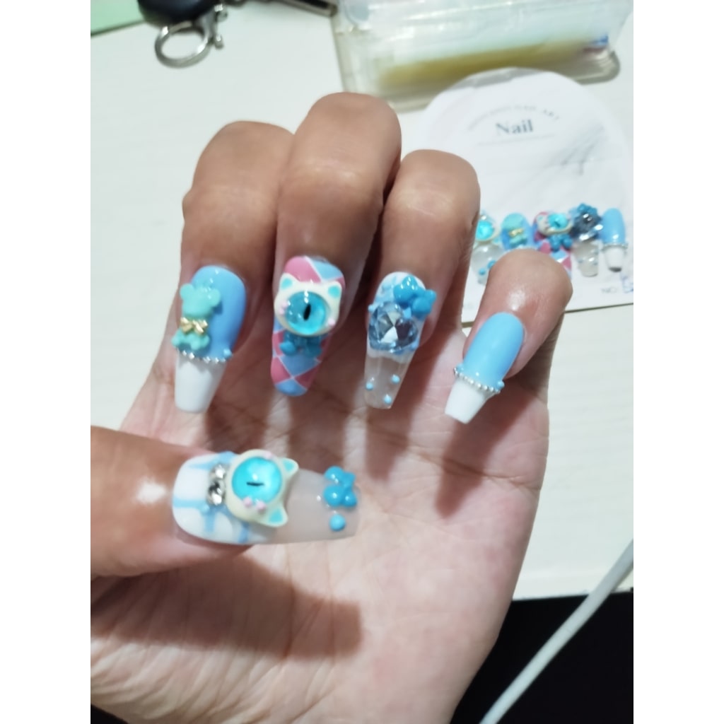 Blue-White one-eyed monster nails with Bowknot,Pachinko,Bear Charms,French,Plaid Design ,NK