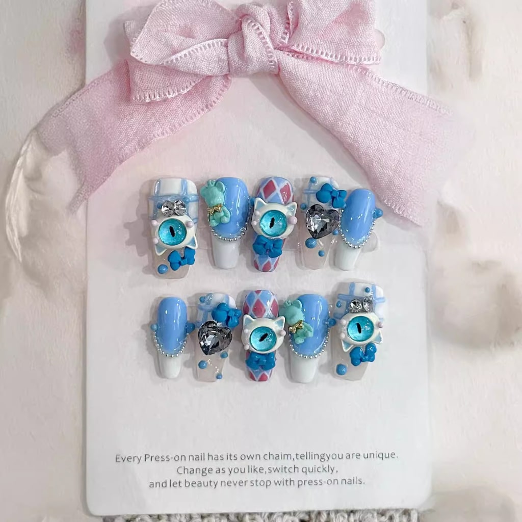 Blue-White one-eyed monster nails with Bowknot,Pachinko,Bear Charms,French,Plaid Design ,NK