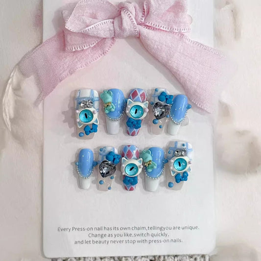 Blue-White one-eyed monster nails with Bowknot,Pachinko,Bear Charms,French,Plaid Design ,NK