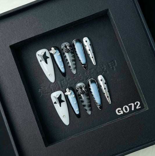 Cool nails with Gradient & Line & Star Design & Spider Charms & Blue Shiny ,CY