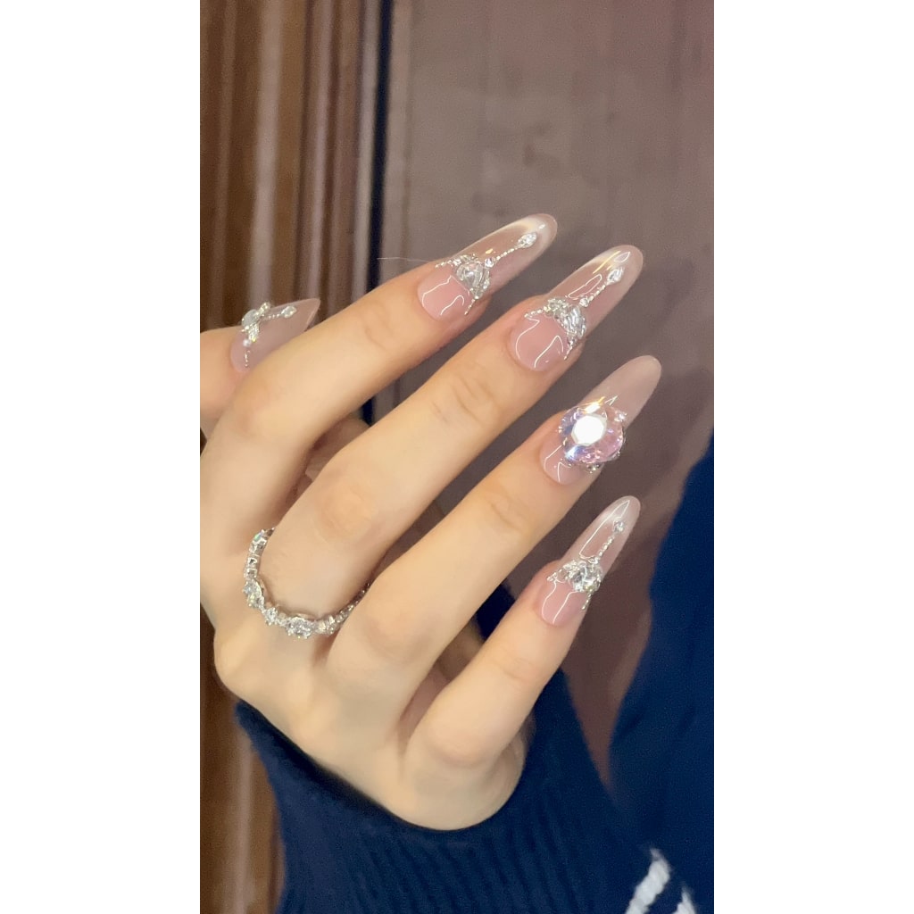 Nude Shiny Cat Eye nails with Rhinestone & Pearl ,YZG