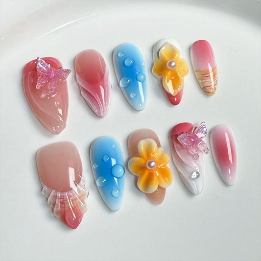3D Flower nails with Gradient & Conch Design,Butterfly Charms,RJ
