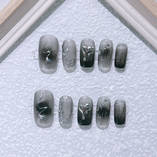 Black  nails with Star Shaped Design,Silvery Heart Design ,NK