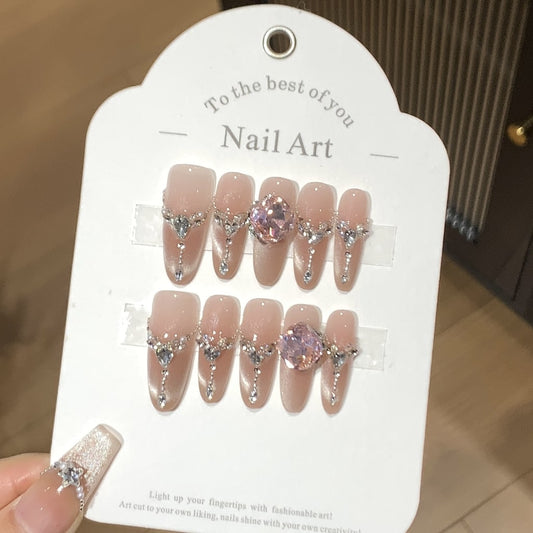 Nude Shiny Cat Eye nails with Rhinestone & Pearl ,YZG