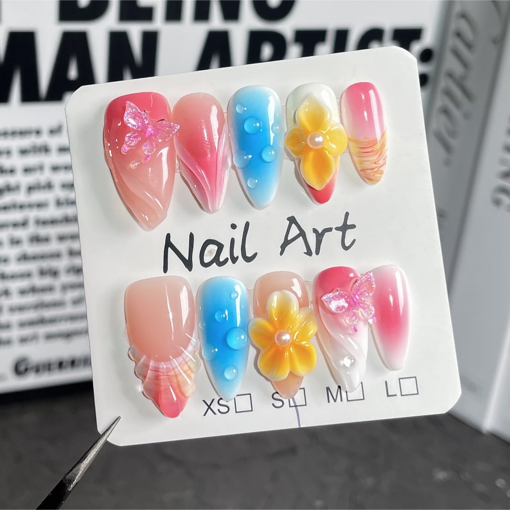 3D Flower nails with Gradient & Conch Design,Butterfly Charms,RJ