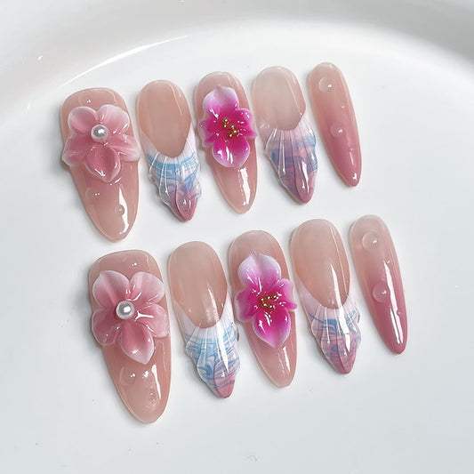 3D Flower nails with Gradient & Conch & Shell Design,RJ