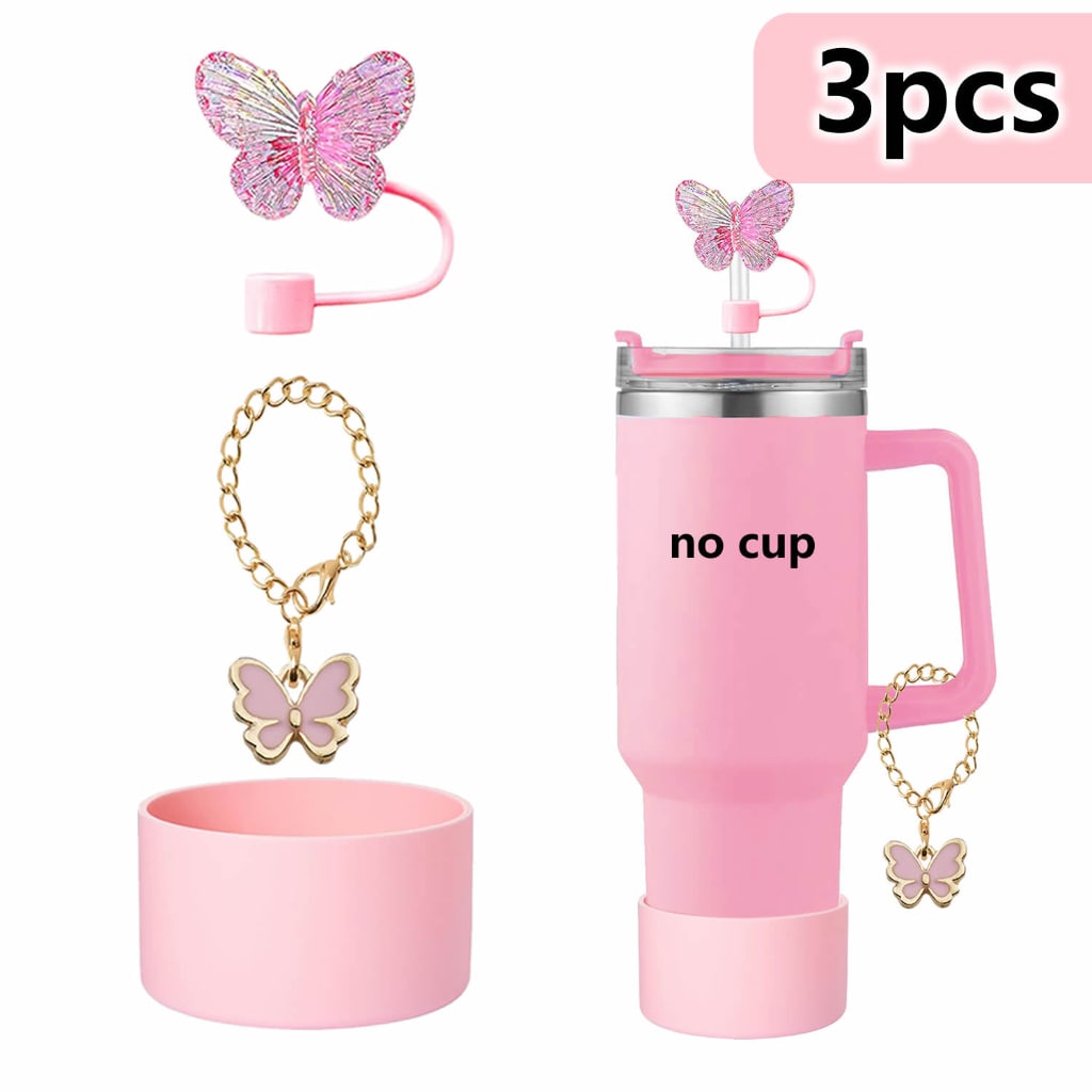 Stanley Cups Accessories With Straw Toppers & Butterfly Chains & Silicone cup holder,3pcs one set