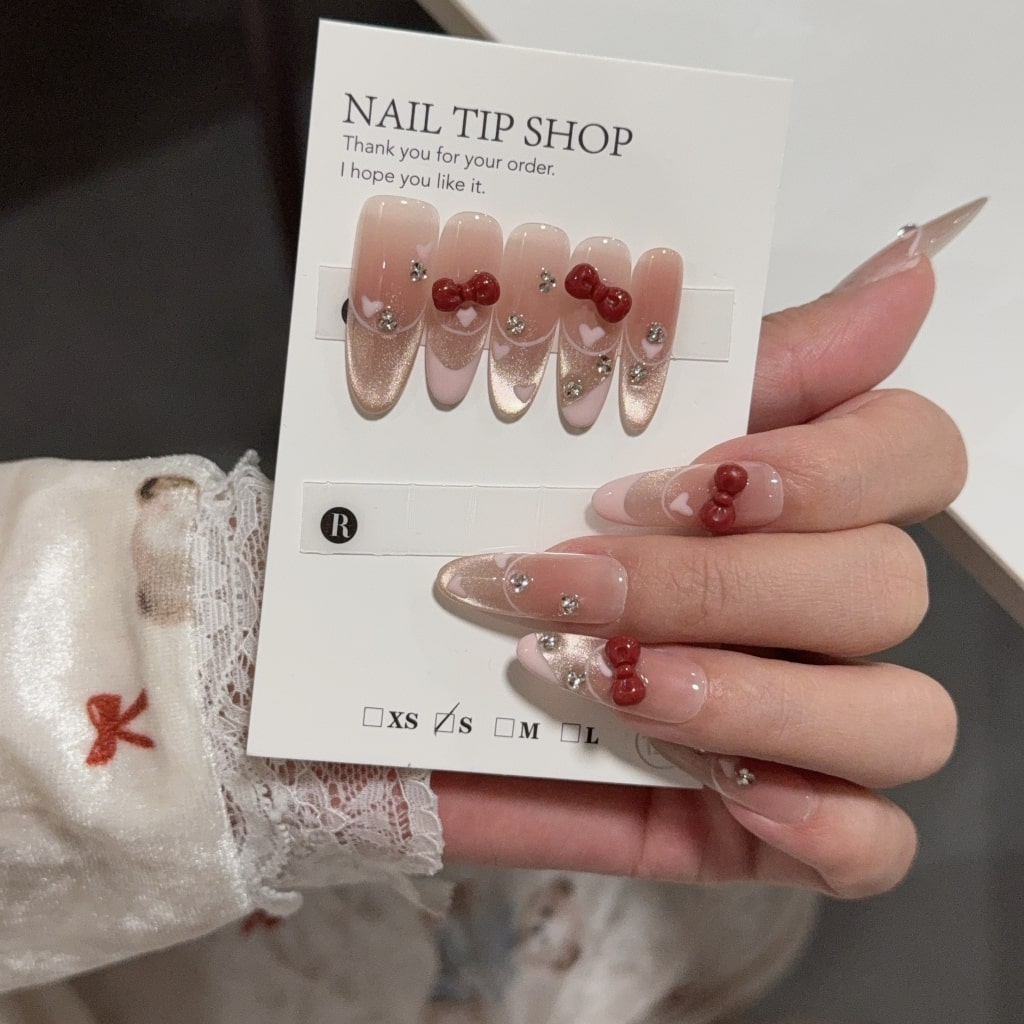 Pink French Style Long-Thin Cat Eye nails with Rhinestone & Red Bow Charms ,YZG