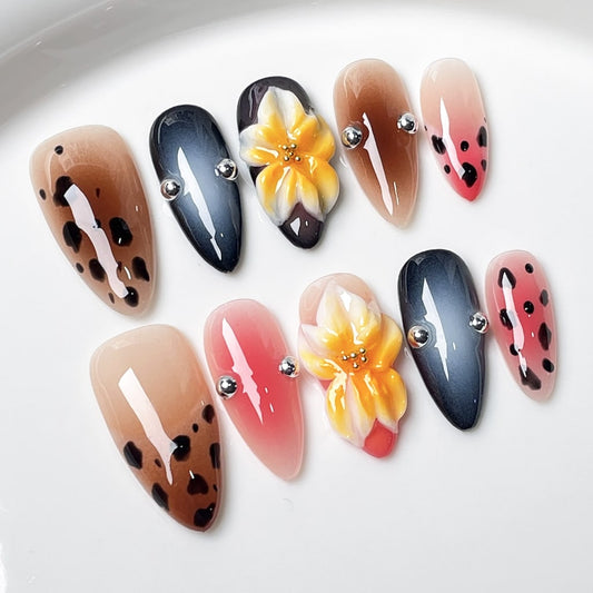 3D Flower nails with Gradient & Leopard Print Design,Glitter,RJ