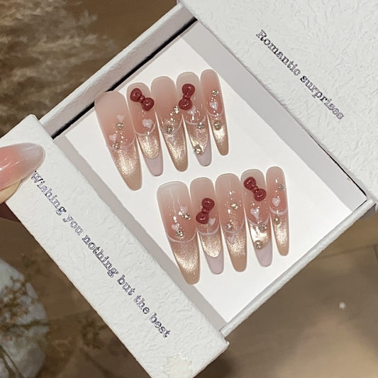 Pink French Style Long-Thin Cat Eye nails with Rhinestone & Red Bow Charms ,YZG