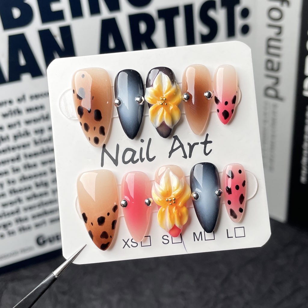3D Flower nails with Gradient & Leopard Print Design,Glitter,RJ