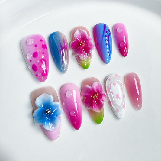 3D Flower Pink Blue nails with Gradient & Dot Print Design,RJ