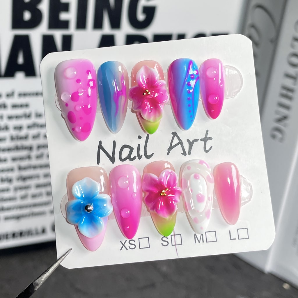 3D Flower Pink Blue nails with Gradient & Dot Print Design,RJ