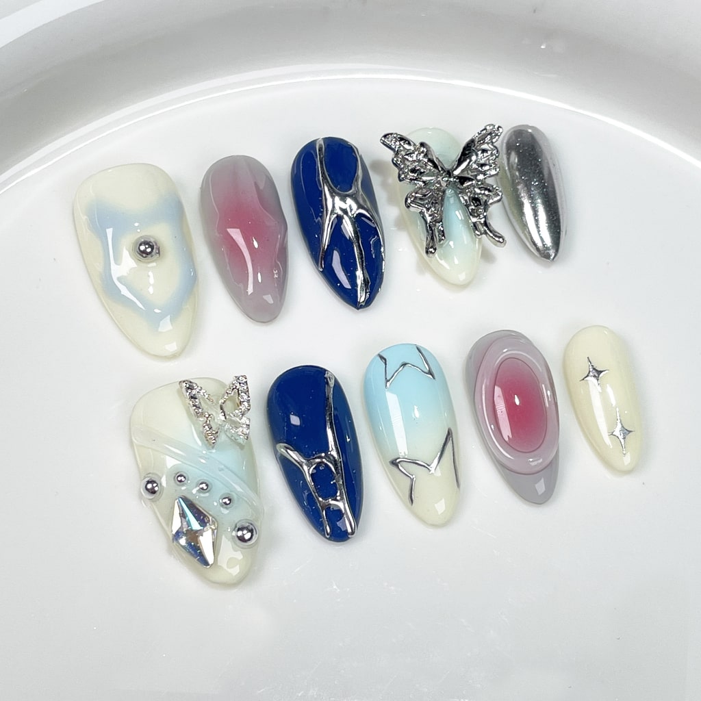 3D nails with Gradient Design,Butterfly Charms,Star Rhinestone,RJ