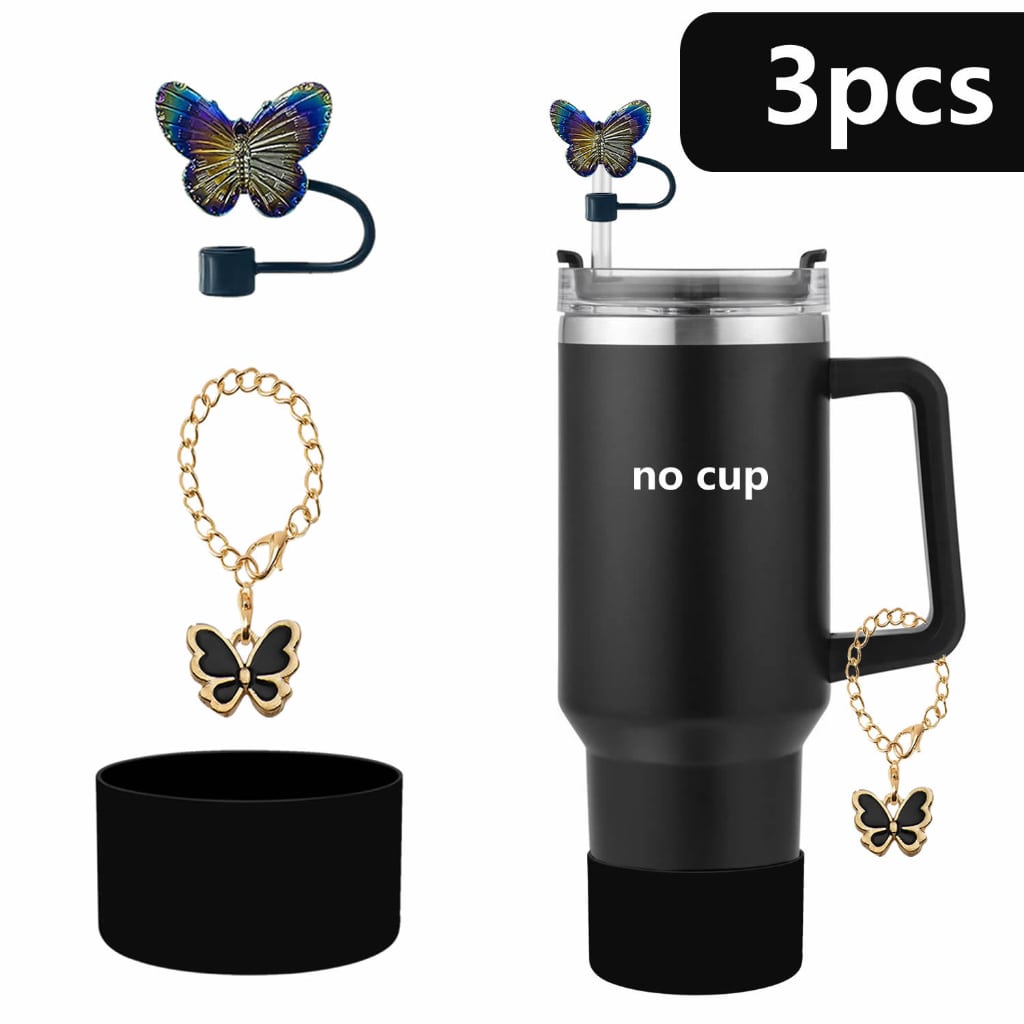 Stanley Cups Accessories With Straw Toppers & Butterfly Chains & Silicone cup holder,3pcs one set