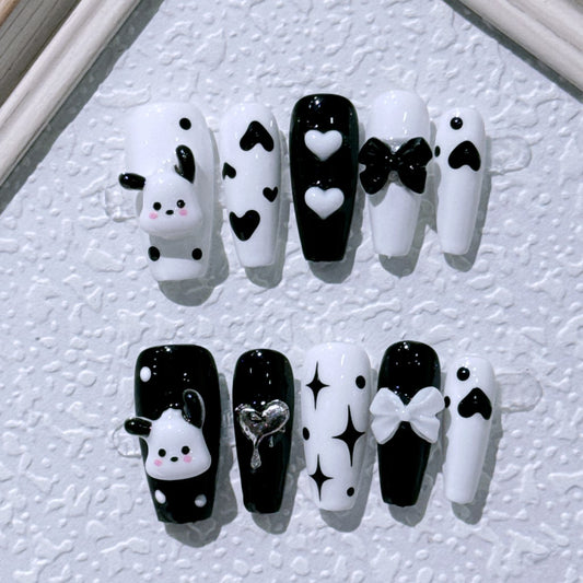 Black-white  nails with Heart Design,Pochacco & Heart & Bow Charms ,NK