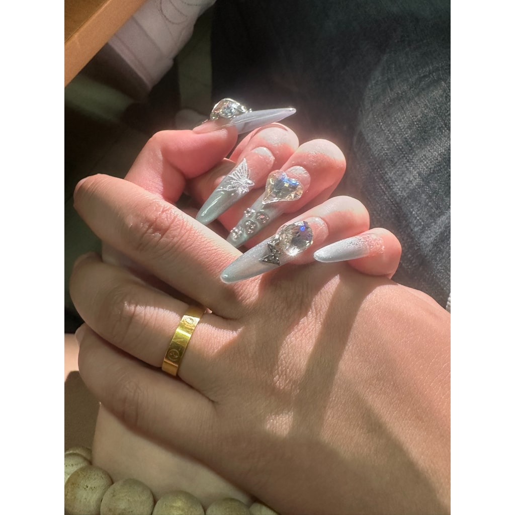 Cat eye Long-Thin nails with Heart &Little Rhinestone,Butterfly & Gradient Design,Butterfly Charms ,YZG