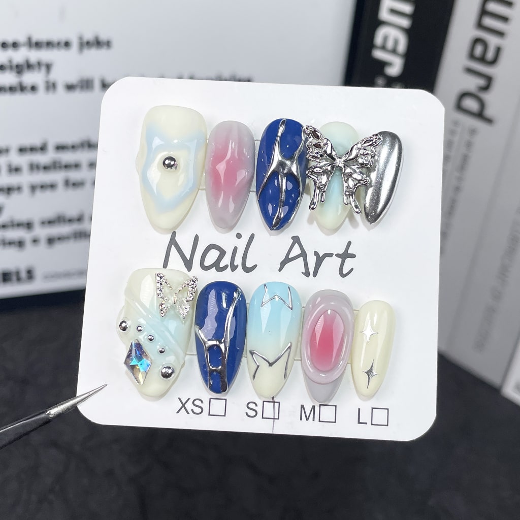 3D nails with Gradient Design,Butterfly Charms,Star Rhinestone,RJ