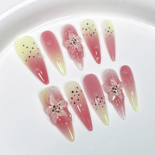 3D Flower Pink Yellow nails with Gradient & Dot Print Design,RJ