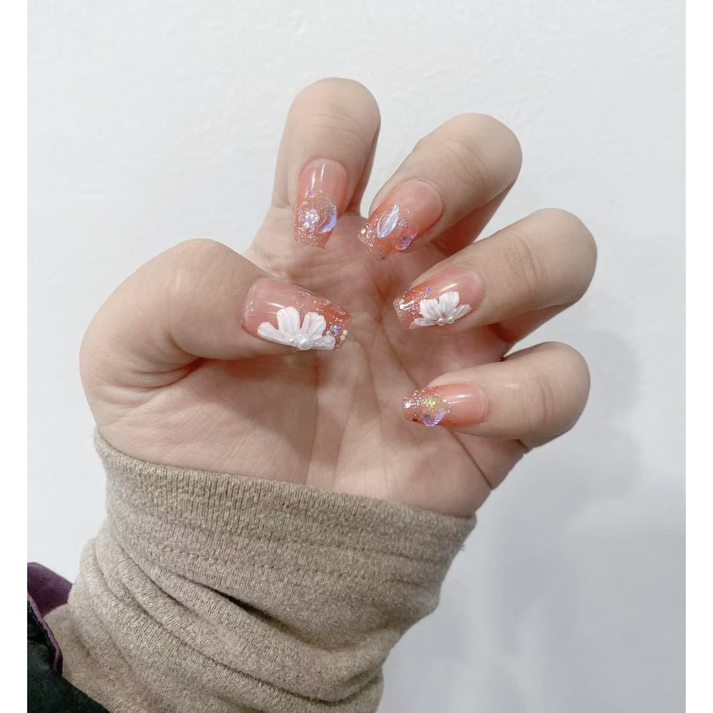 Pink nails with White Flower Design,Shiny Glitter & Silver/Gold Foil ,NK