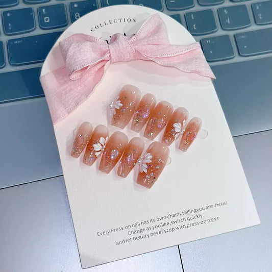Pink nails with White Flower Design,Shiny Glitter & Silver/Gold Foil ,NK