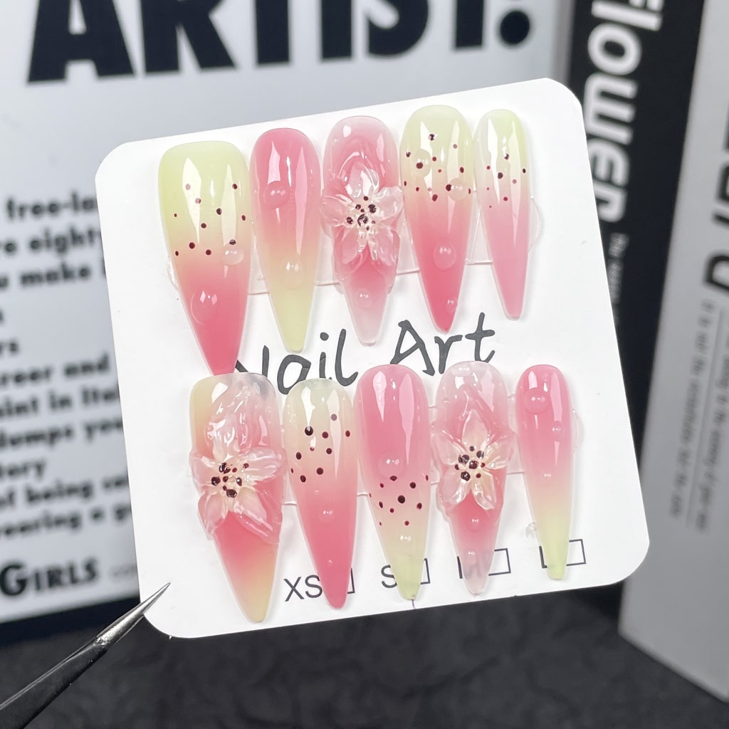 3D Flower Pink Yellow nails with Gradient & Dot Print Design,RJ