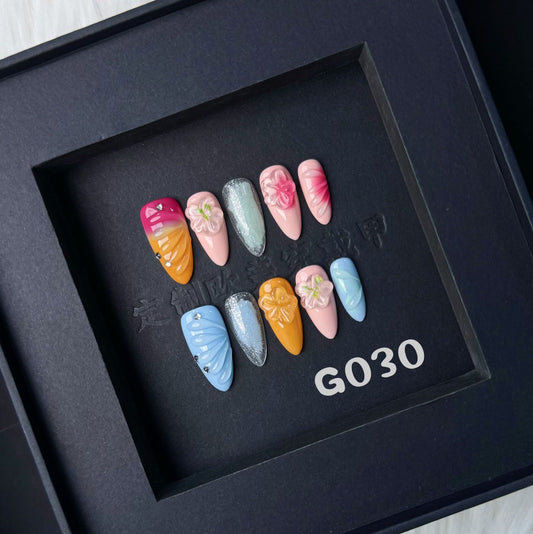 3D Flower nails with Gradient Design,Colorful Tones,Shiny Glitter,CY