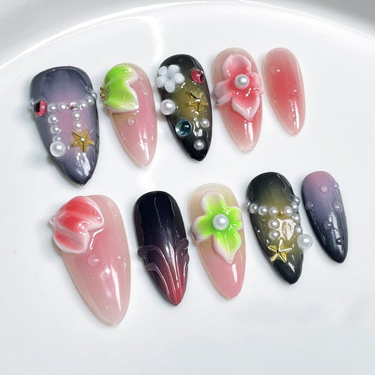 3D Flower nails with Gradient Design,Pearl,Flower Charms,RJ