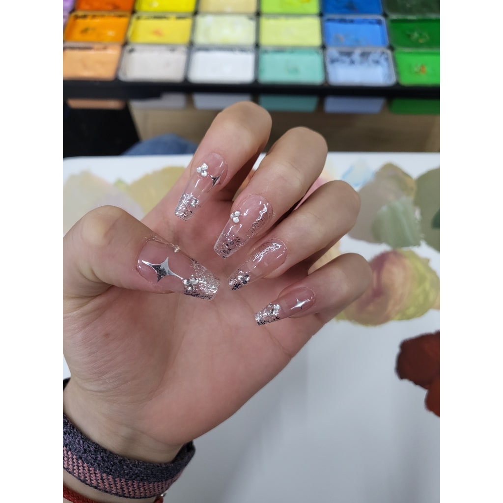 Pink Transparent nails with Star Shaped & Butterfly Design,Shiny Glitter and Rhinestone ,NK