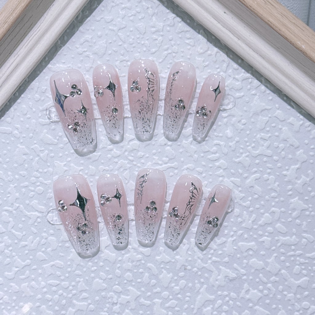 Pink Transparent nails with Star Shaped & Butterfly Design,Shiny Glitter and Rhinestone ,NK