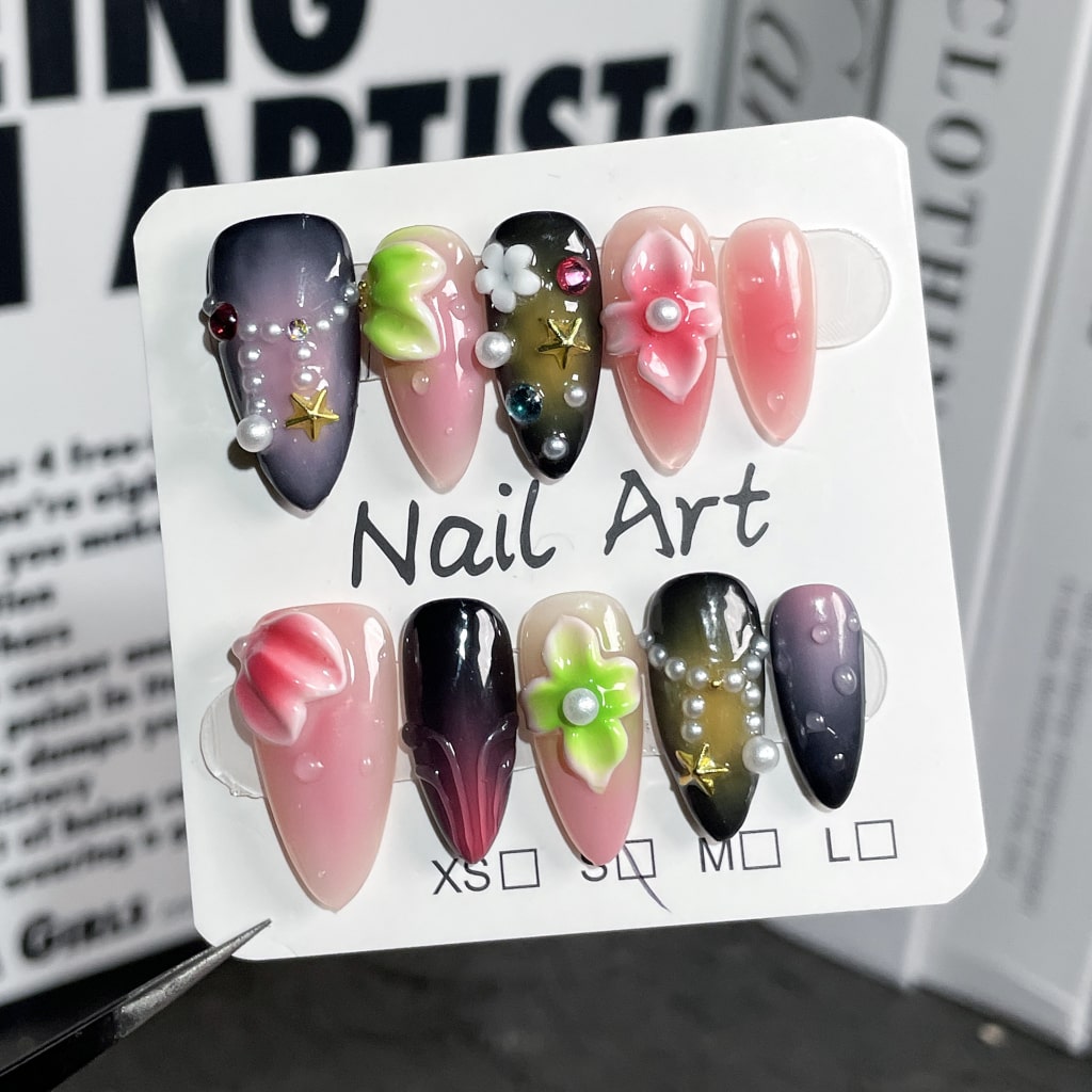 3D Flower nails with Gradient Design,Pearl,Flower Charms,RJ