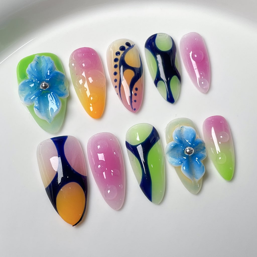 3D Blue Flower nails with Gradient Design,Irregular Lines,RJ
