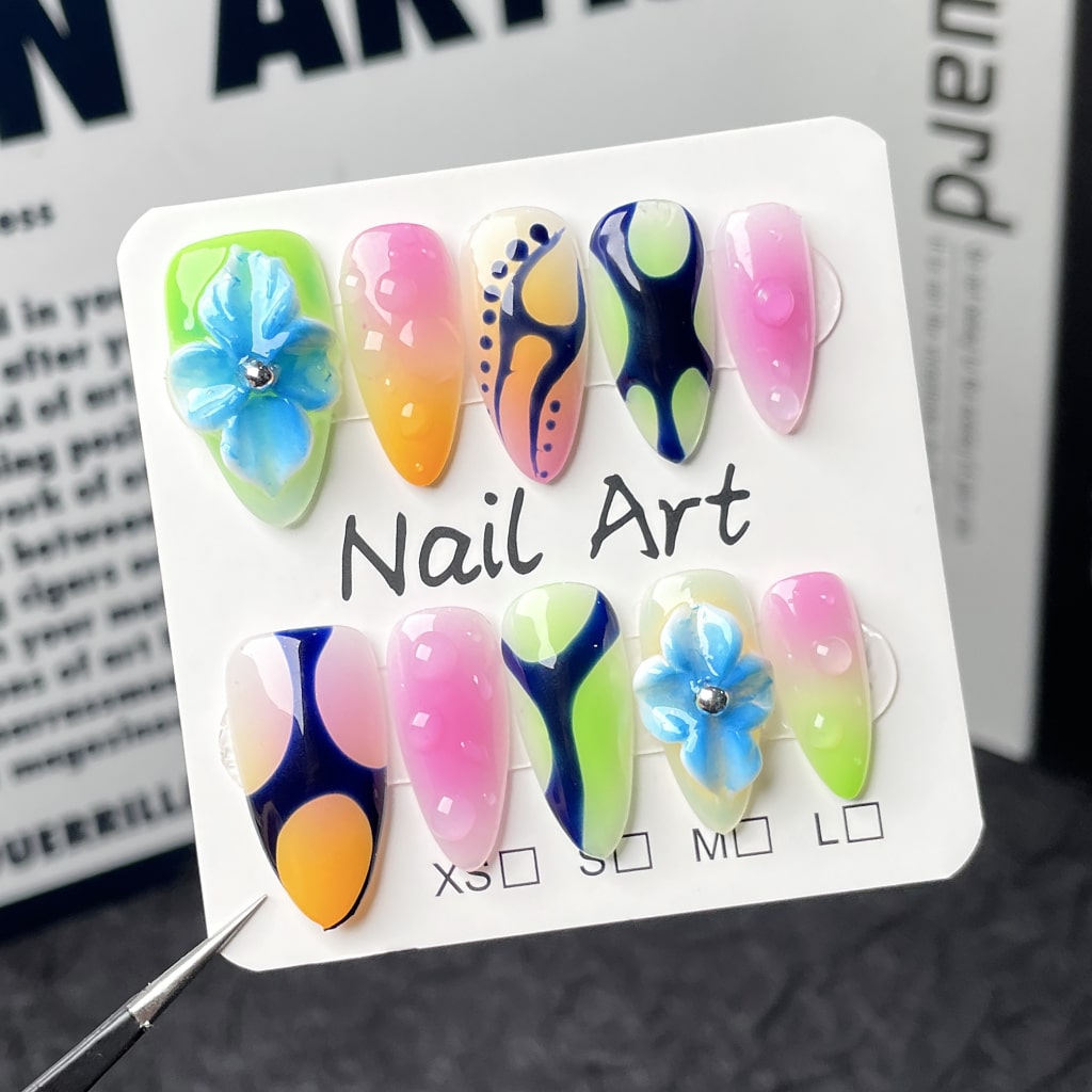 3D Blue Flower nails with Gradient Design,Irregular Lines,RJ