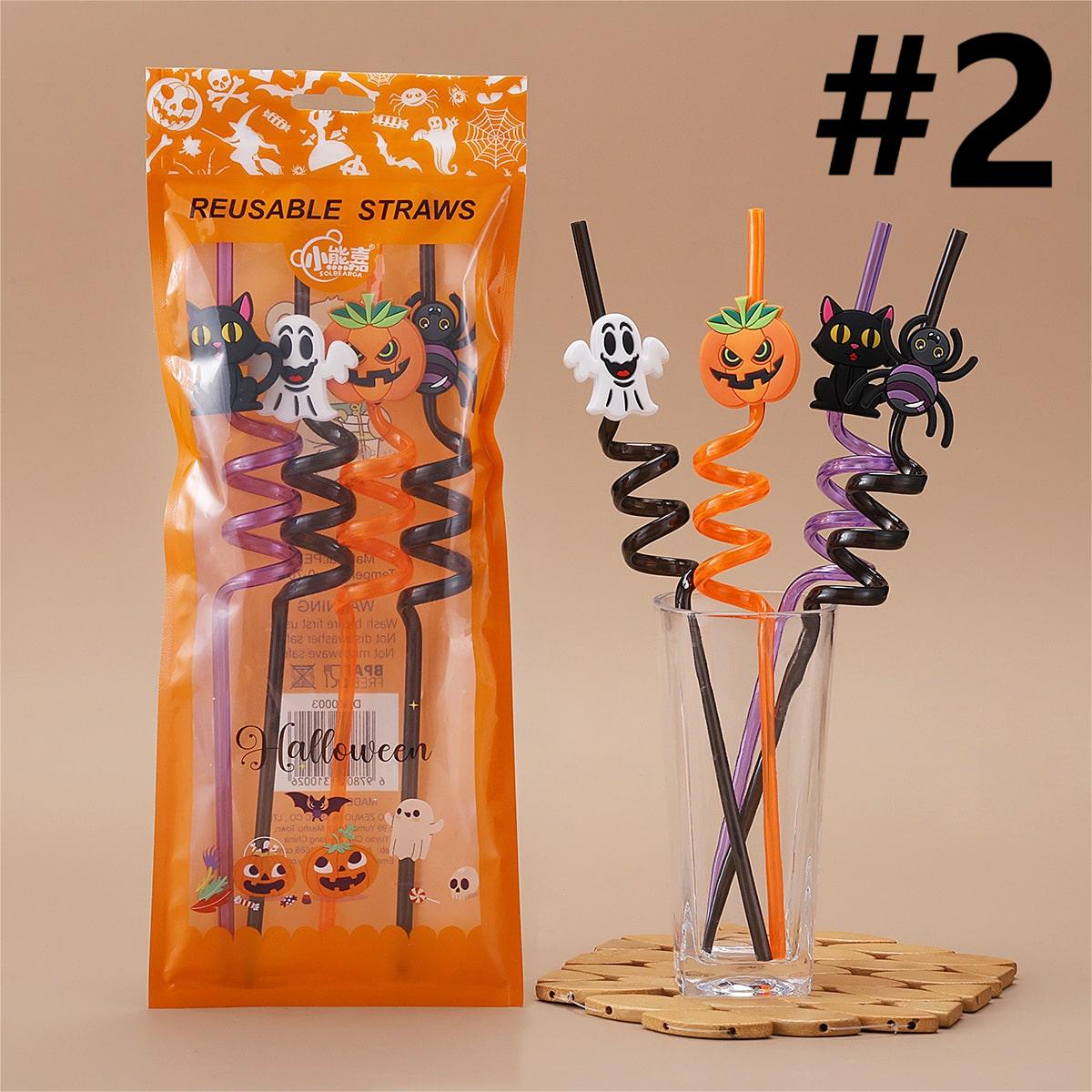 Cartoon Halloween Reusable Spiral Straw, Random Mix,1 bag 4pcs