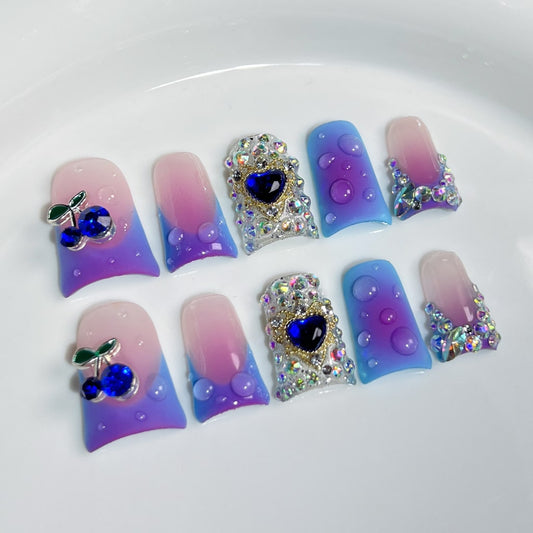 Pink & Purple Duck nails with Rhinestone,Cherry & Heart Charms French & Gradient Style,RJ