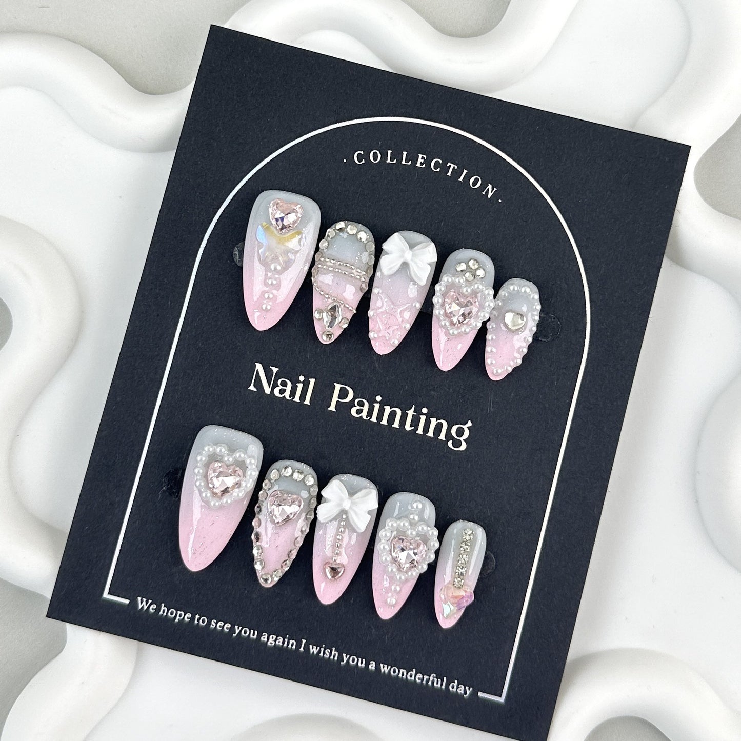 Pink nails with Gradient Design,Pearl Heart & Butterfly Rhinestone,Glitter,Bow,CY